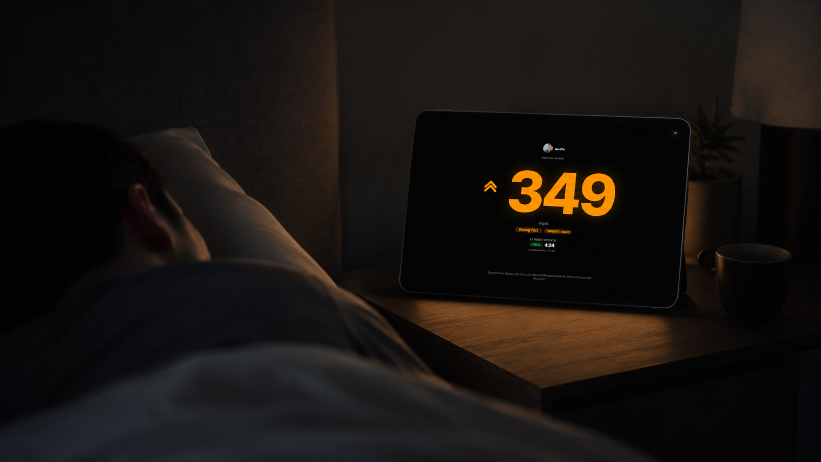 Mirror Health Nightstand Mode displaying a glucose reading on a bedside tablet